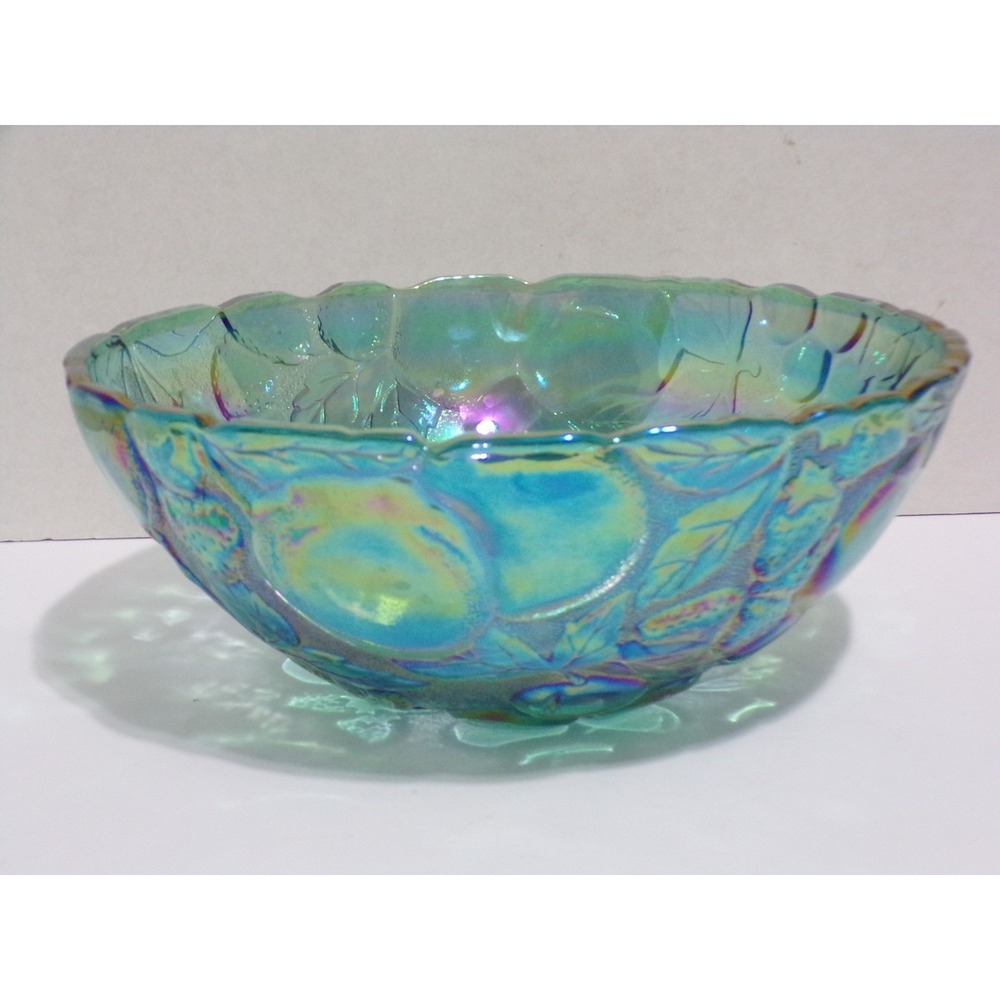 Vintage Glass Fruit Bowl Iridescent Teal Green Scalloped Embossed 8 inch